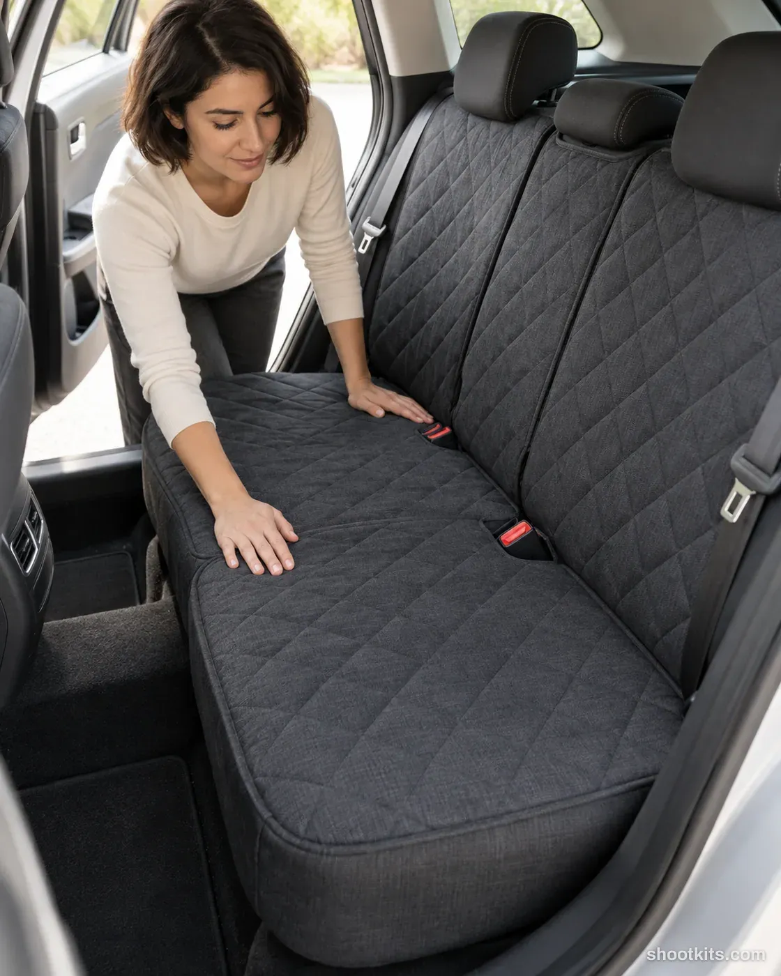 Seat cover fit: car product photo made with ChatGPT. Clean car rear seats with door open.