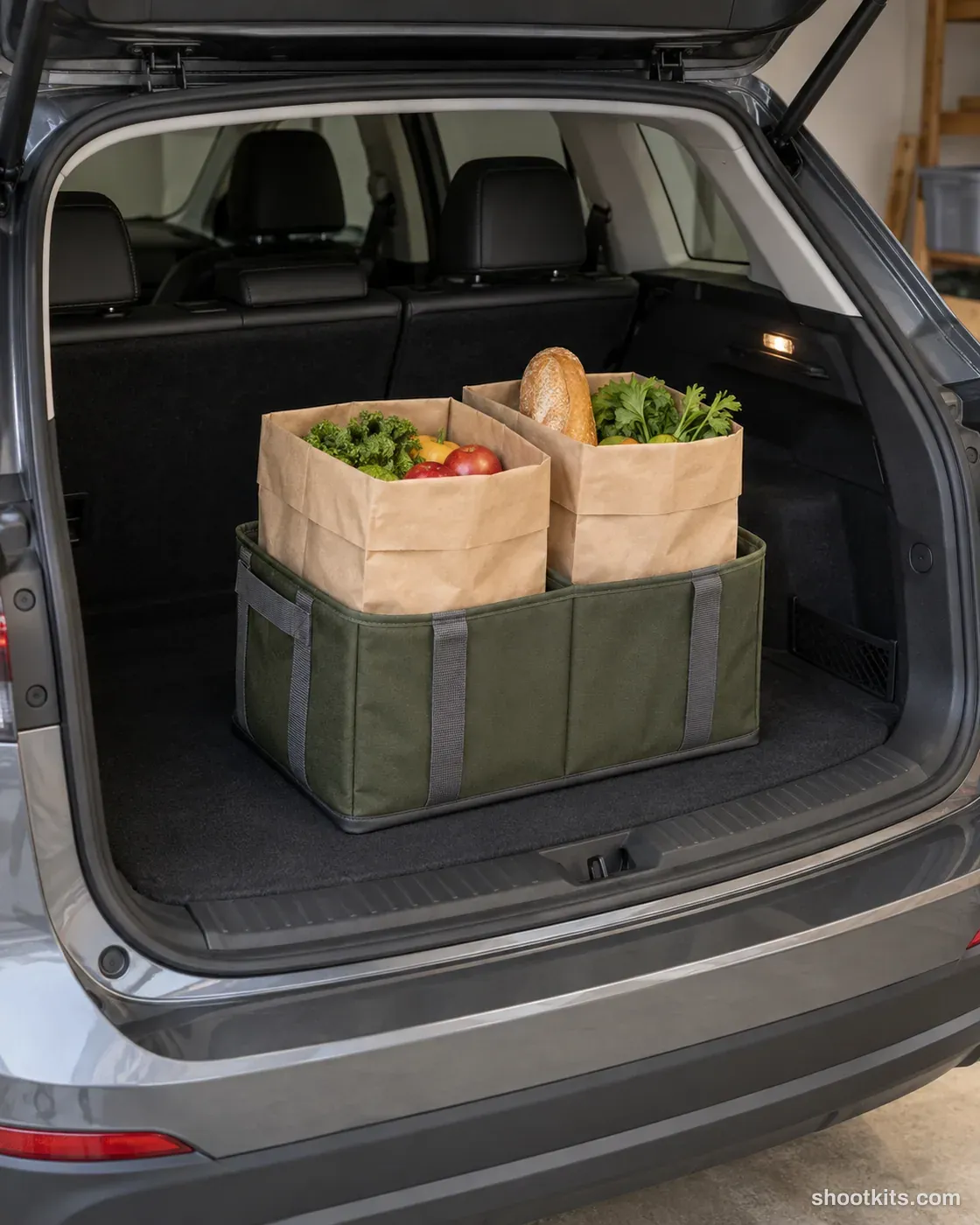 Boot organiser: car product photo made with ChatGPT. Open car boot in a garage.