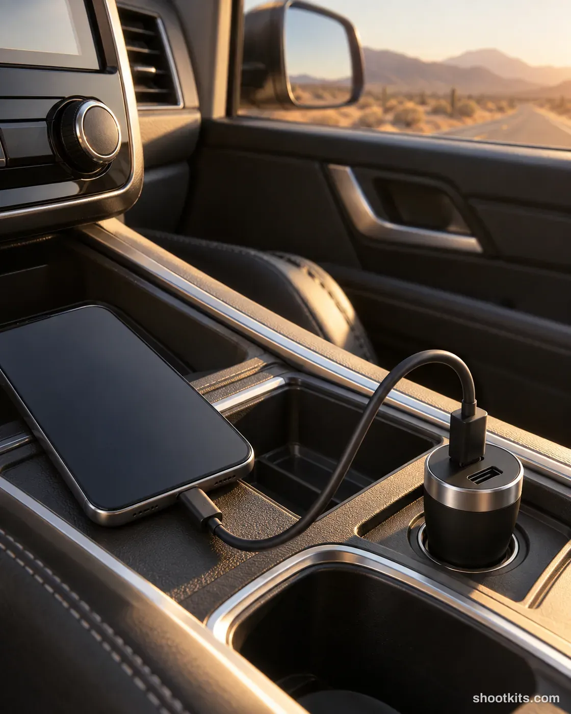 Road trip charger: car product photo made with ChatGPT. Car console on a desert highway trip.
