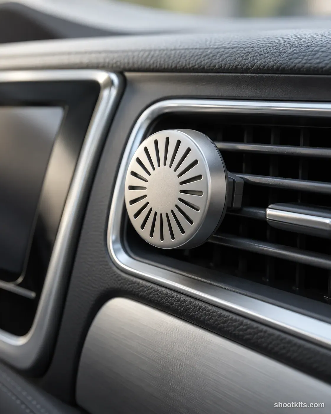 Air freshener detail: car product photo made with ChatGPT. Car air vent in a calm cabin.