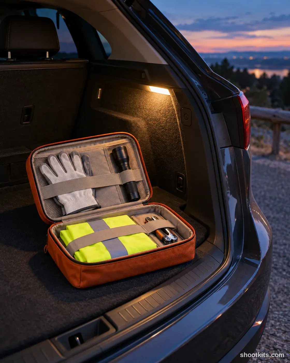 Emergency kit: car product photo made with ChatGPT. Roadside lay-by at dusk.