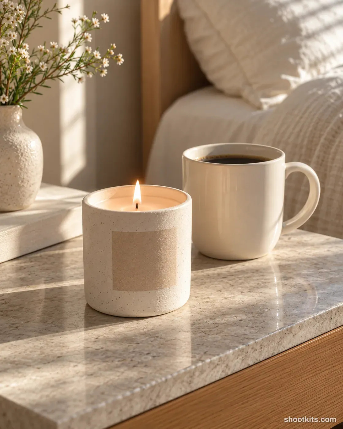Sunday morning: candle photo made with ChatGPT. Bedroom side table with linen and morning sun.
