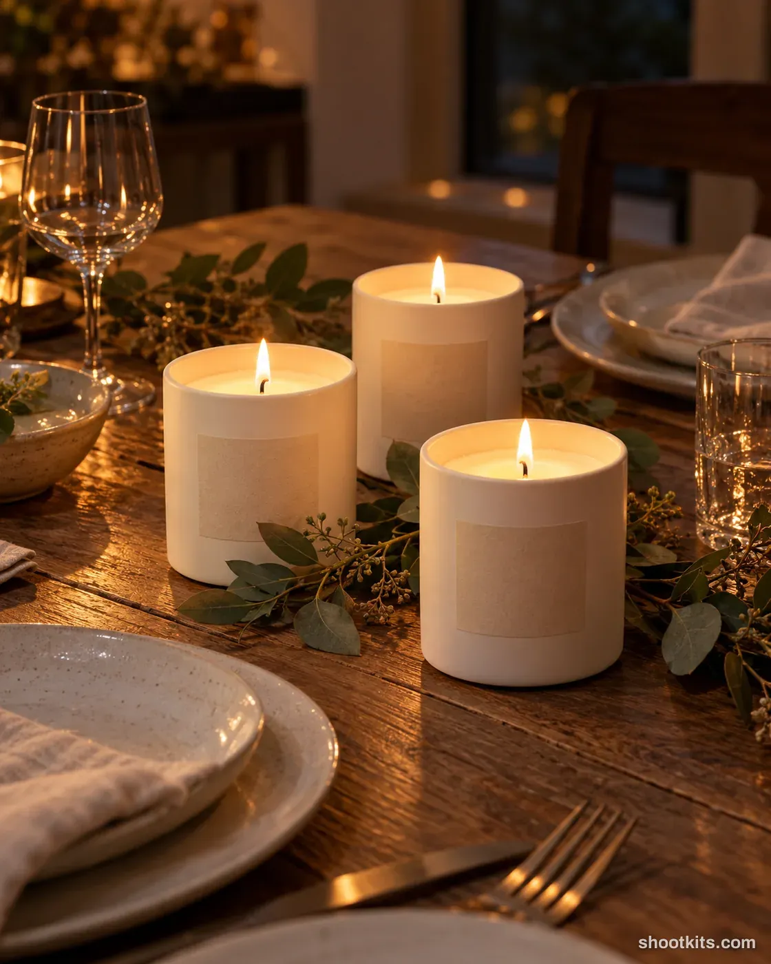 Dinner centrepiece: candle photo made with ChatGPT. Rustic dinner table at night.