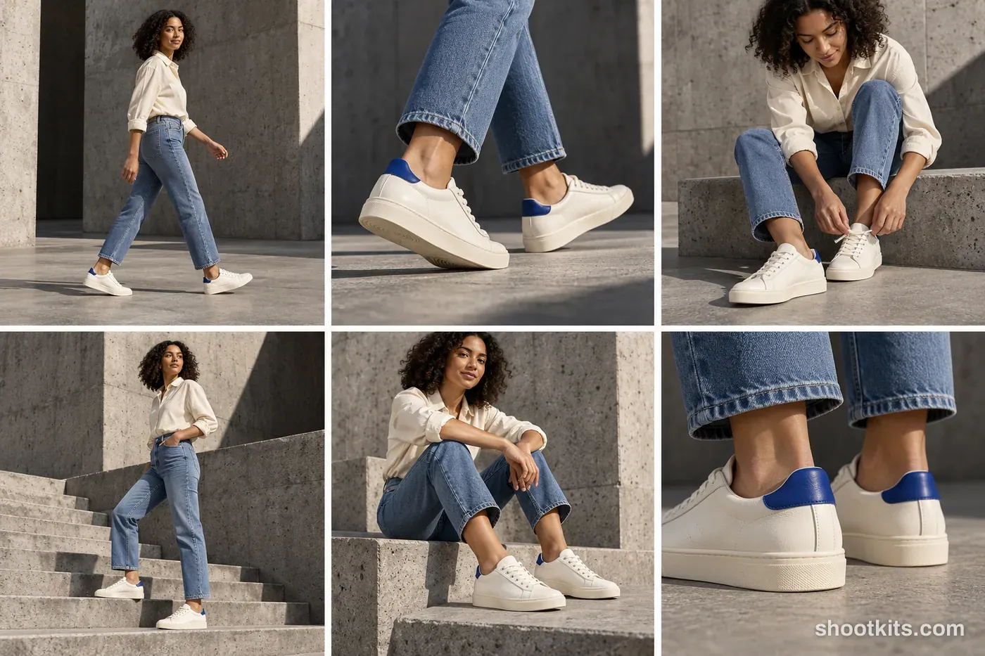 6-panel brutalism sneaker studio shoot with a model made with ChatGPT