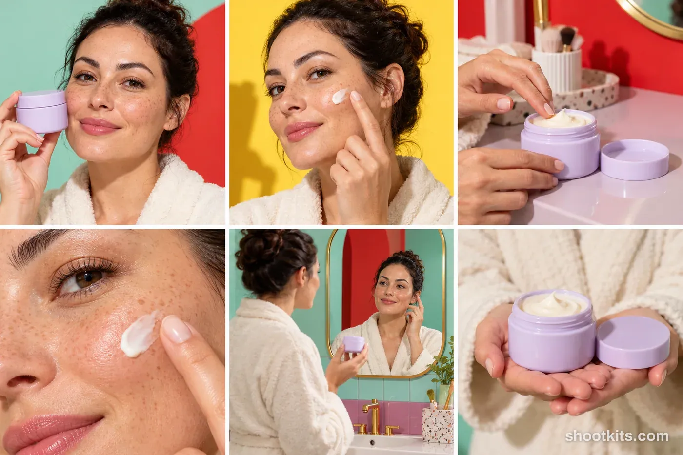 6-panel pop art skincare studio shoot with a model made with ChatGPT