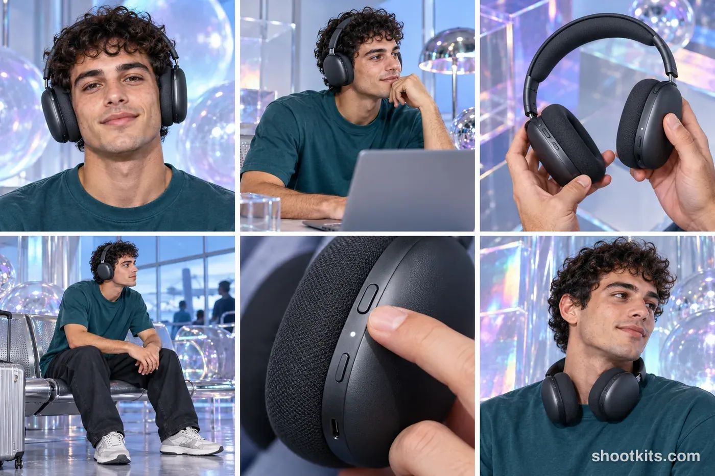 6-panel y2k / retro futurism tech studio shoot with a model made with ChatGPT