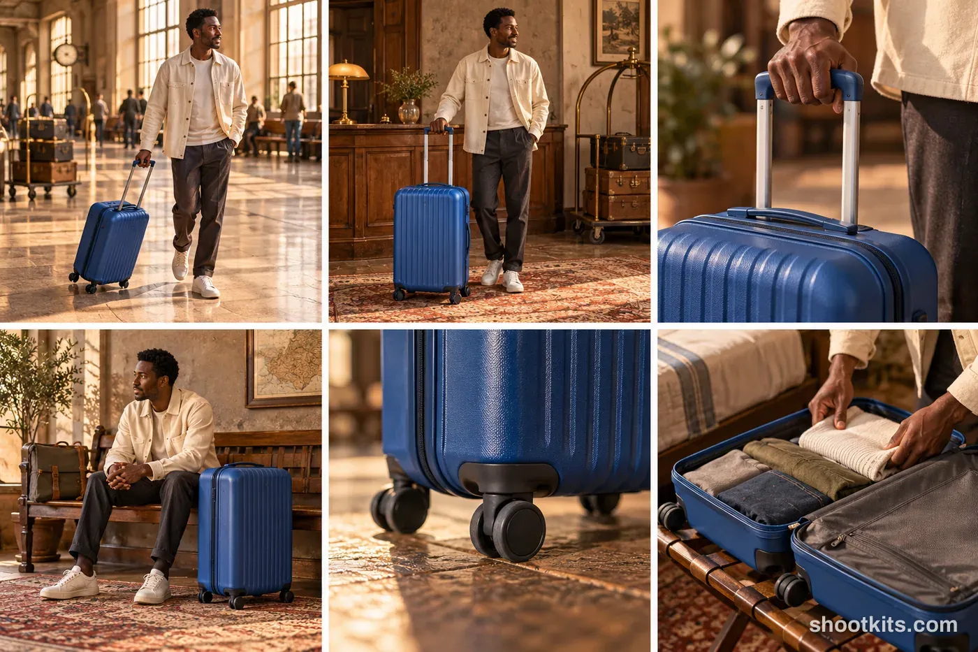 6-panel vintage / film luggage studio shoot with a model made with ChatGPT