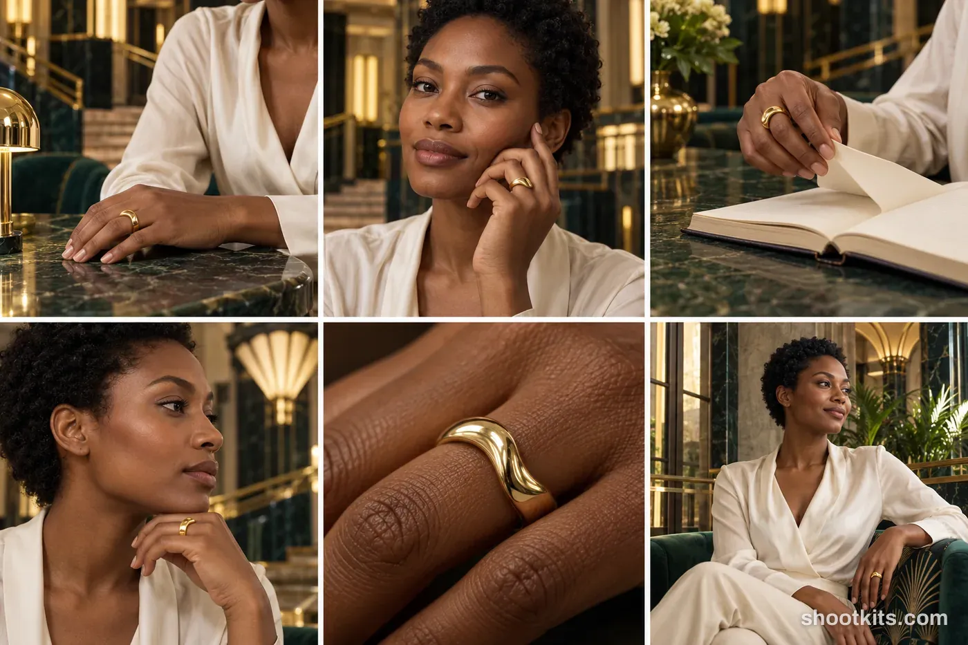 6-panel art deco jewelry lifestyle shoot made with ChatGPT