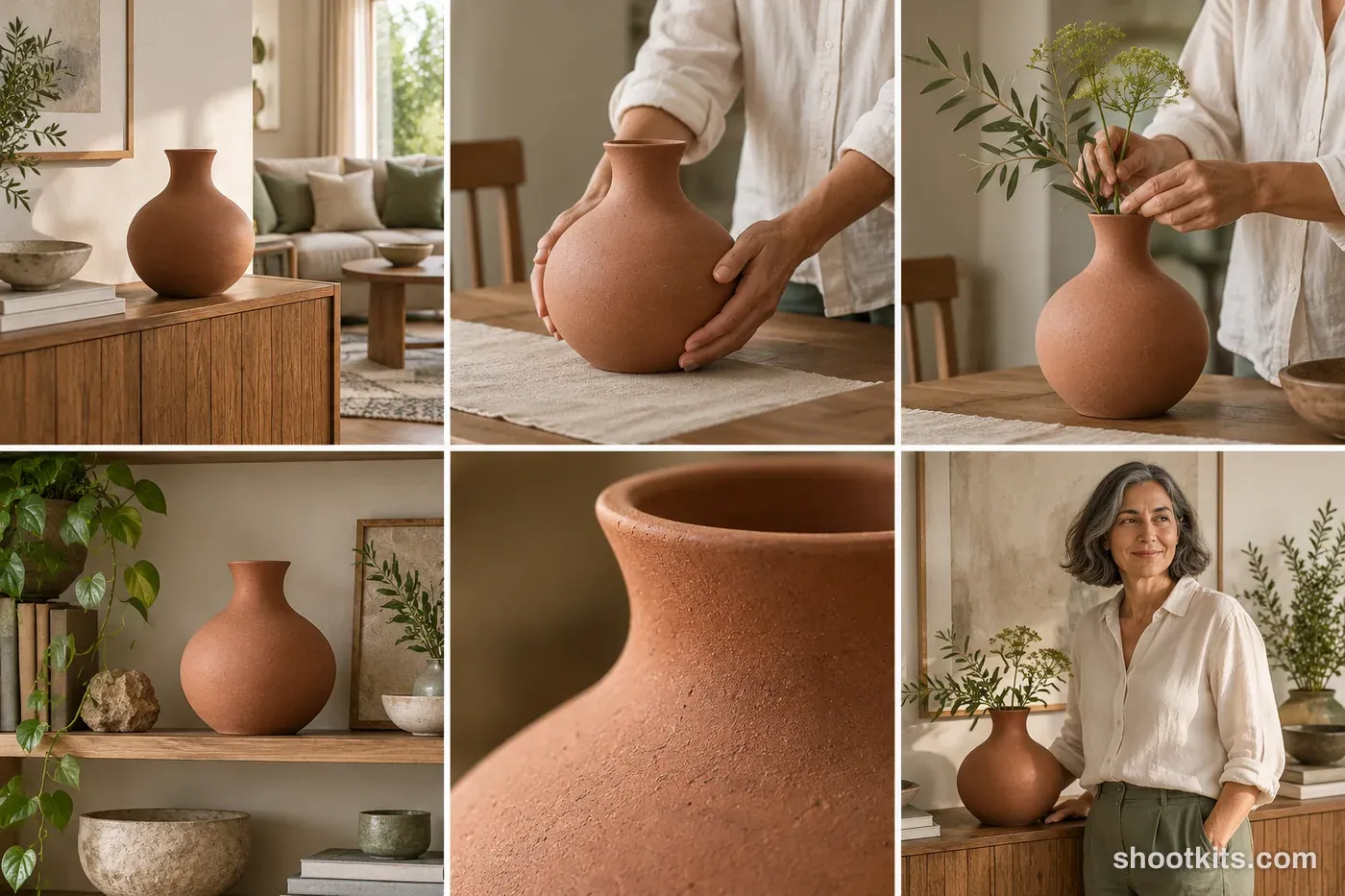 6-panel organic / tactile homeware studio shoot with a model made with ChatGPT