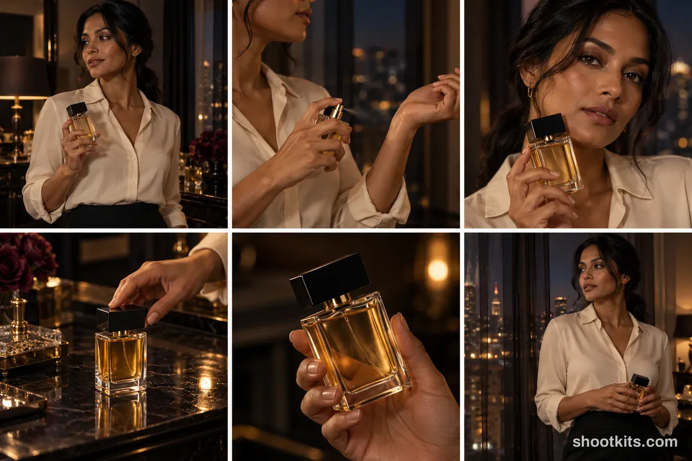 6-panel cinematic noir perfume lifestyle shoot made with ChatGPT