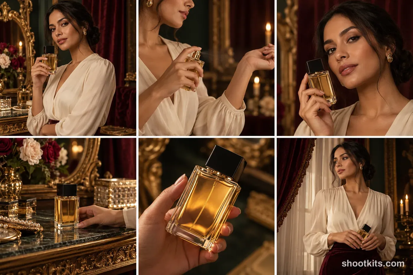 6-panel neo-baroque perfume studio shoot with a model made with ChatGPT