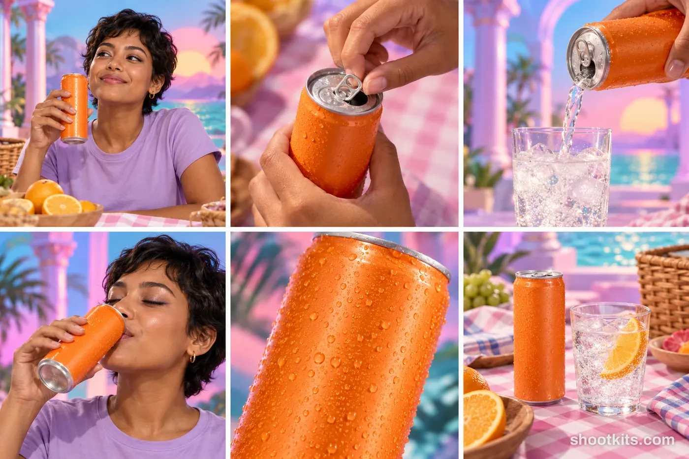 6-panel vaporwave food and drink studio shoot with a model made with ChatGPT