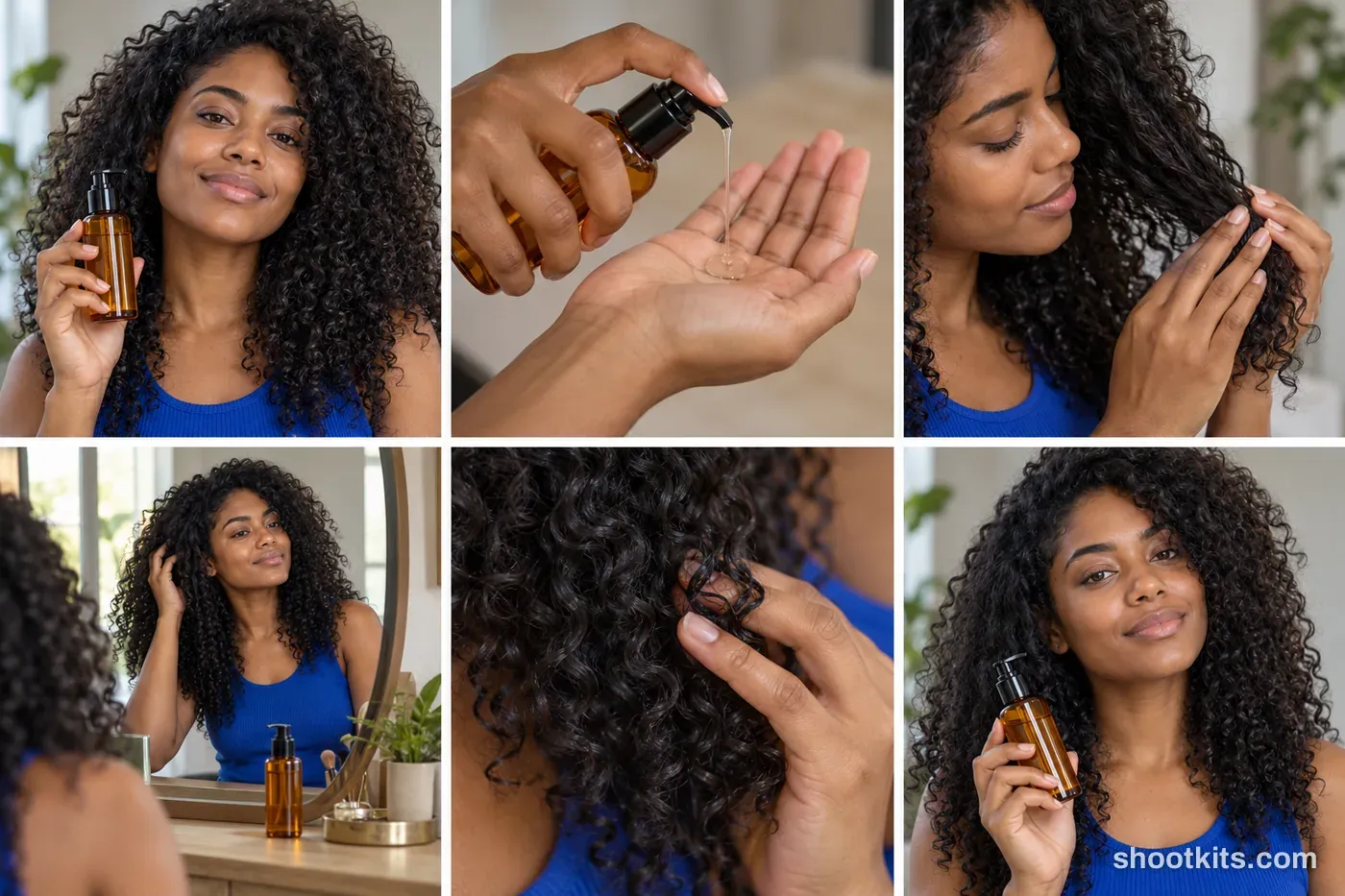 6-panel documentary / candid haircare studio shoot with a model made with ChatGPT