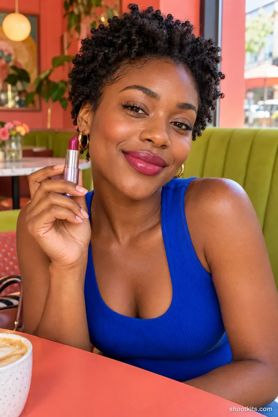 Lipstick shade reveal: makeup photo made with ChatGPT. colorful coral café table beside a lime upholstered booth.
