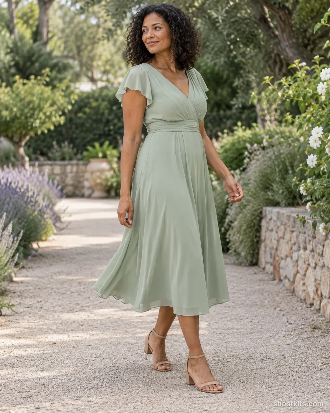Garden turn: dress photo made with ChatGPT. Level garden path with subtle greenery.