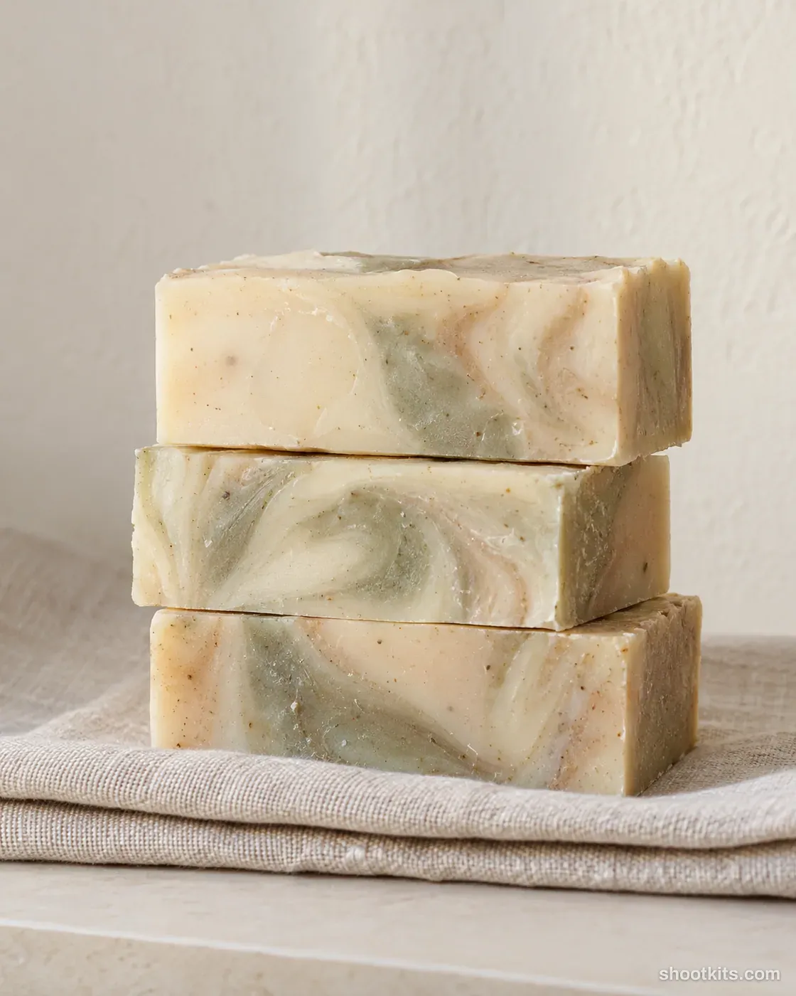 Soap stack: handmade piece photo made with ChatGPT. Bathroom shelf.