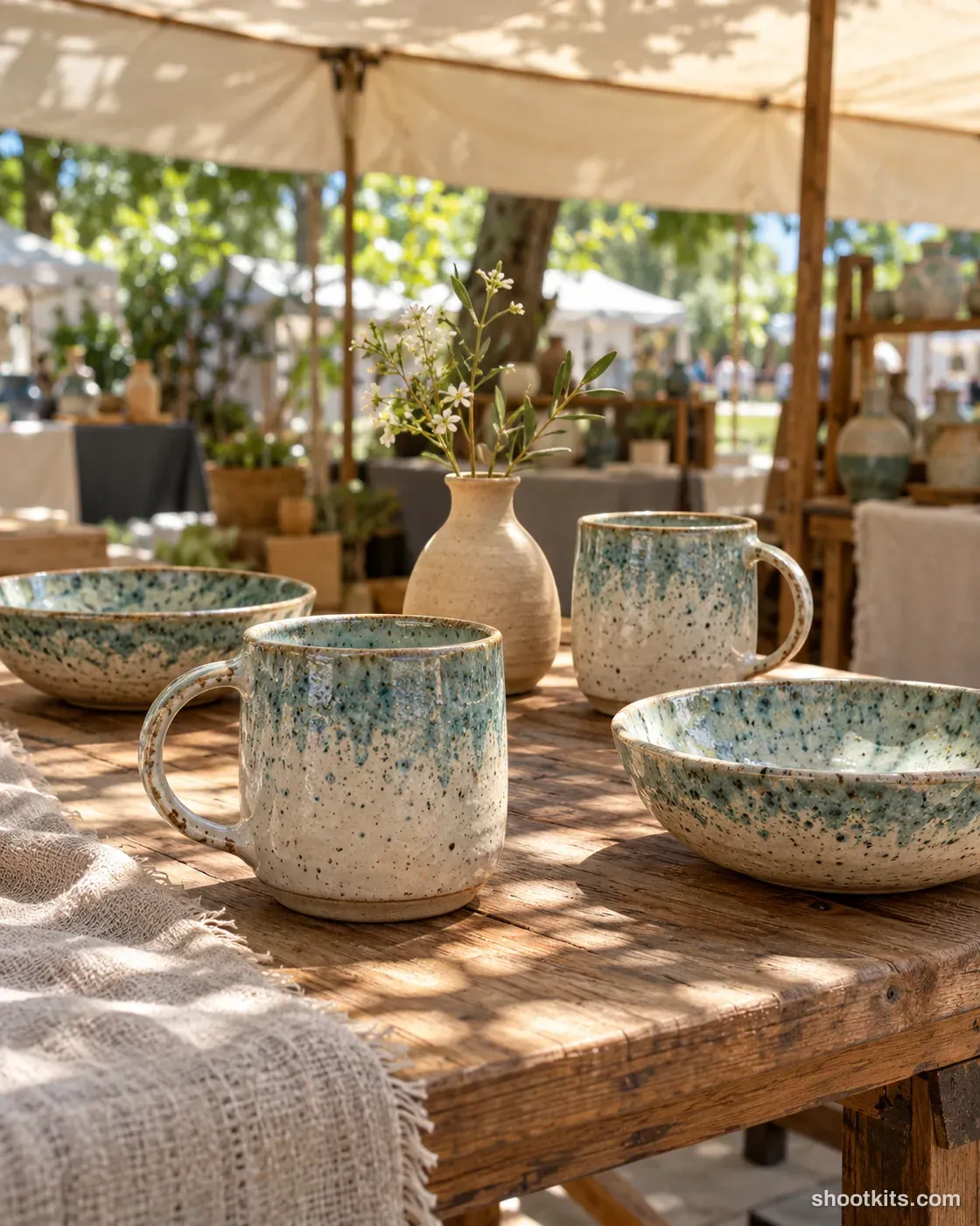 Market table: handmade piece photo made with ChatGPT. Outdoor weekend market.