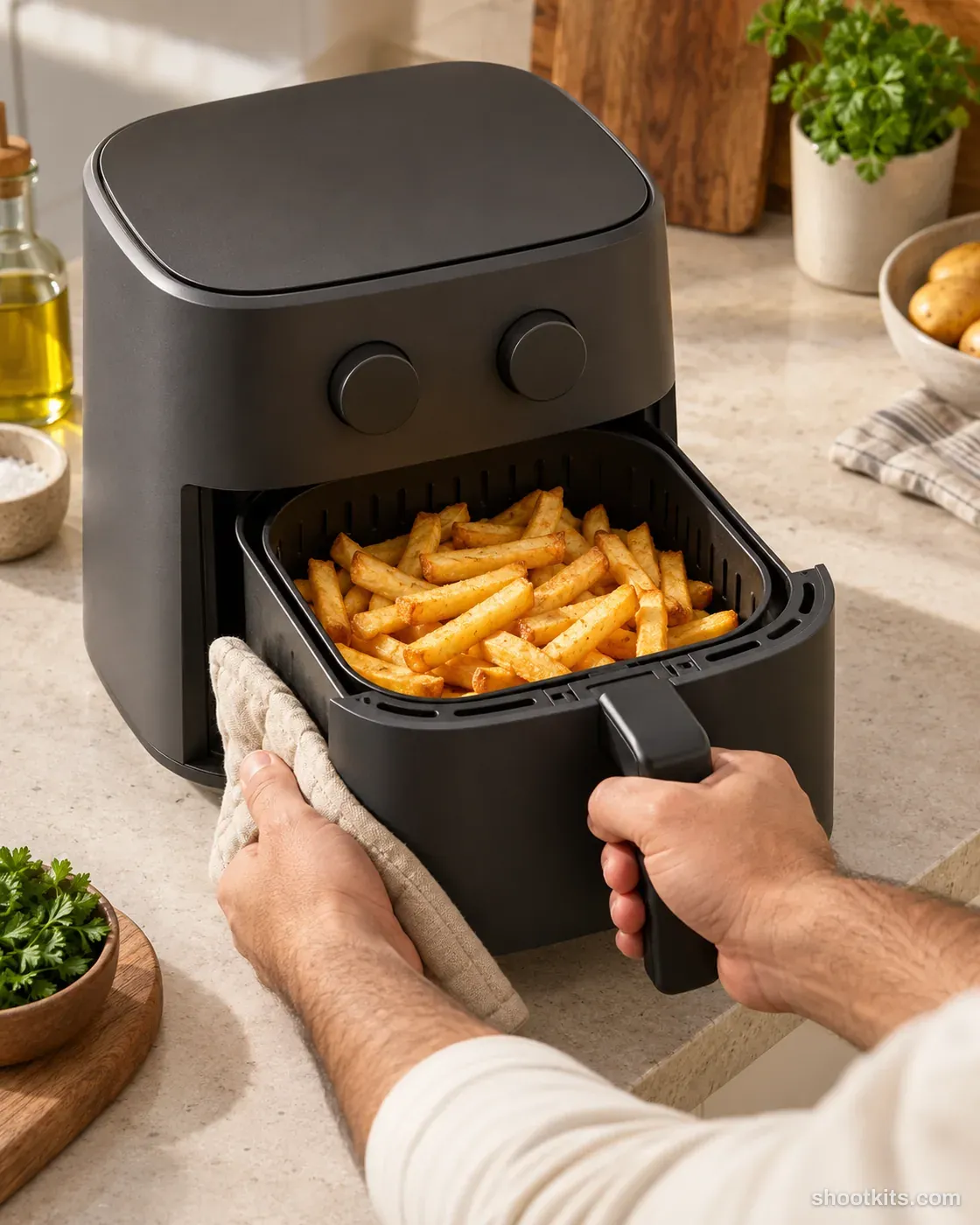 Air fryer basket: kitchen appliance photo made with ChatGPT. Modern kitchen counter.