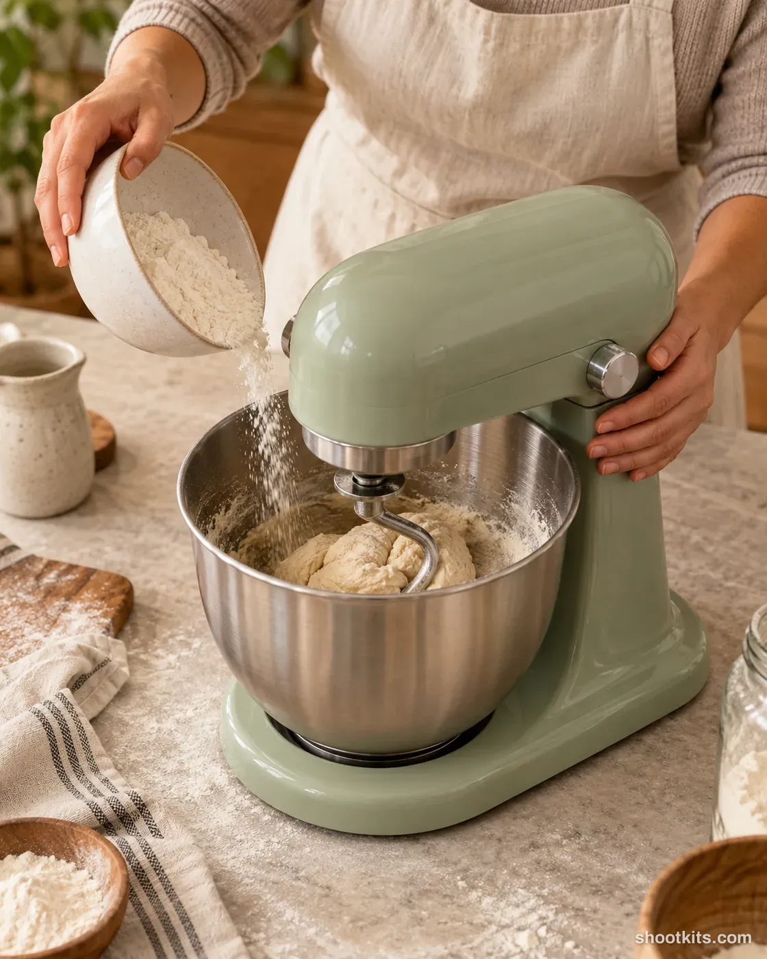 Stand mixer bake: kitchen appliance photo made with ChatGPT. Baking counter dusted with flour.