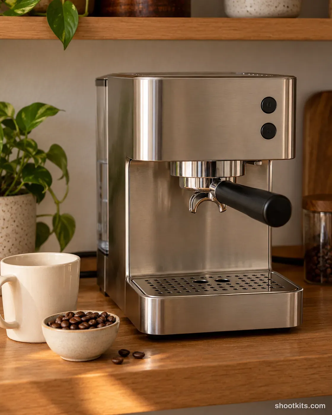 Coffee bar: kitchen appliance photo made with ChatGPT. Home coffee bar shelf.