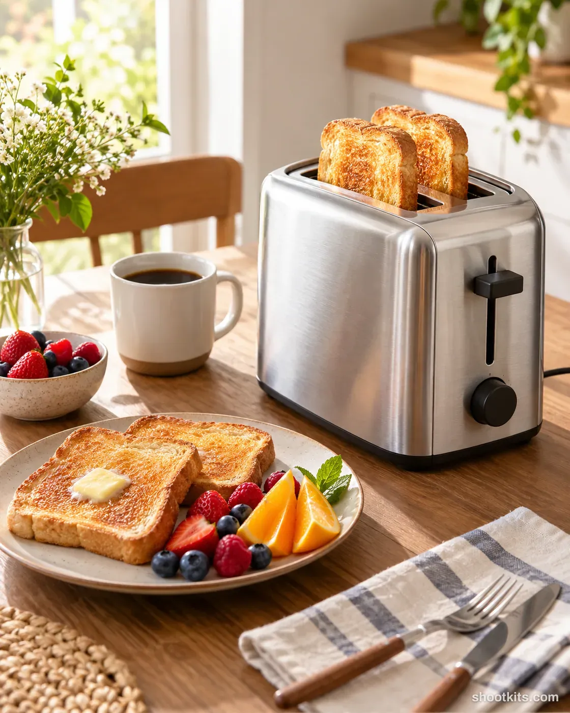 Weekend brunch: kitchen appliance photo made with ChatGPT. Kitchen table with brunch spread.