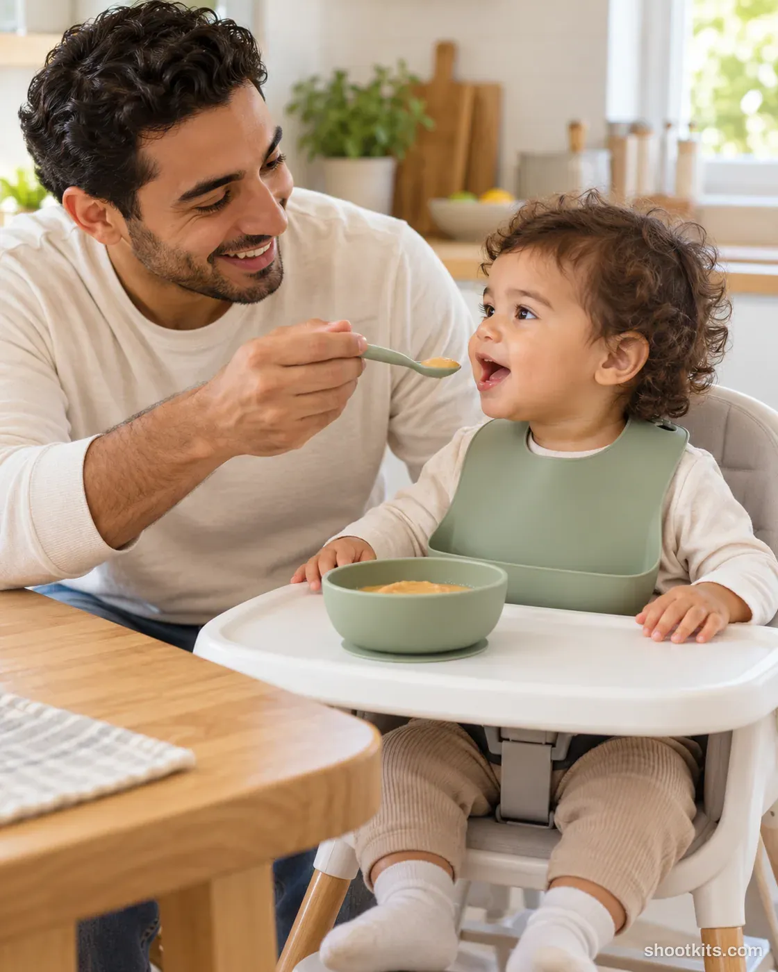 High chair breakfast: kids product photo made with ChatGPT. Family kitchen.