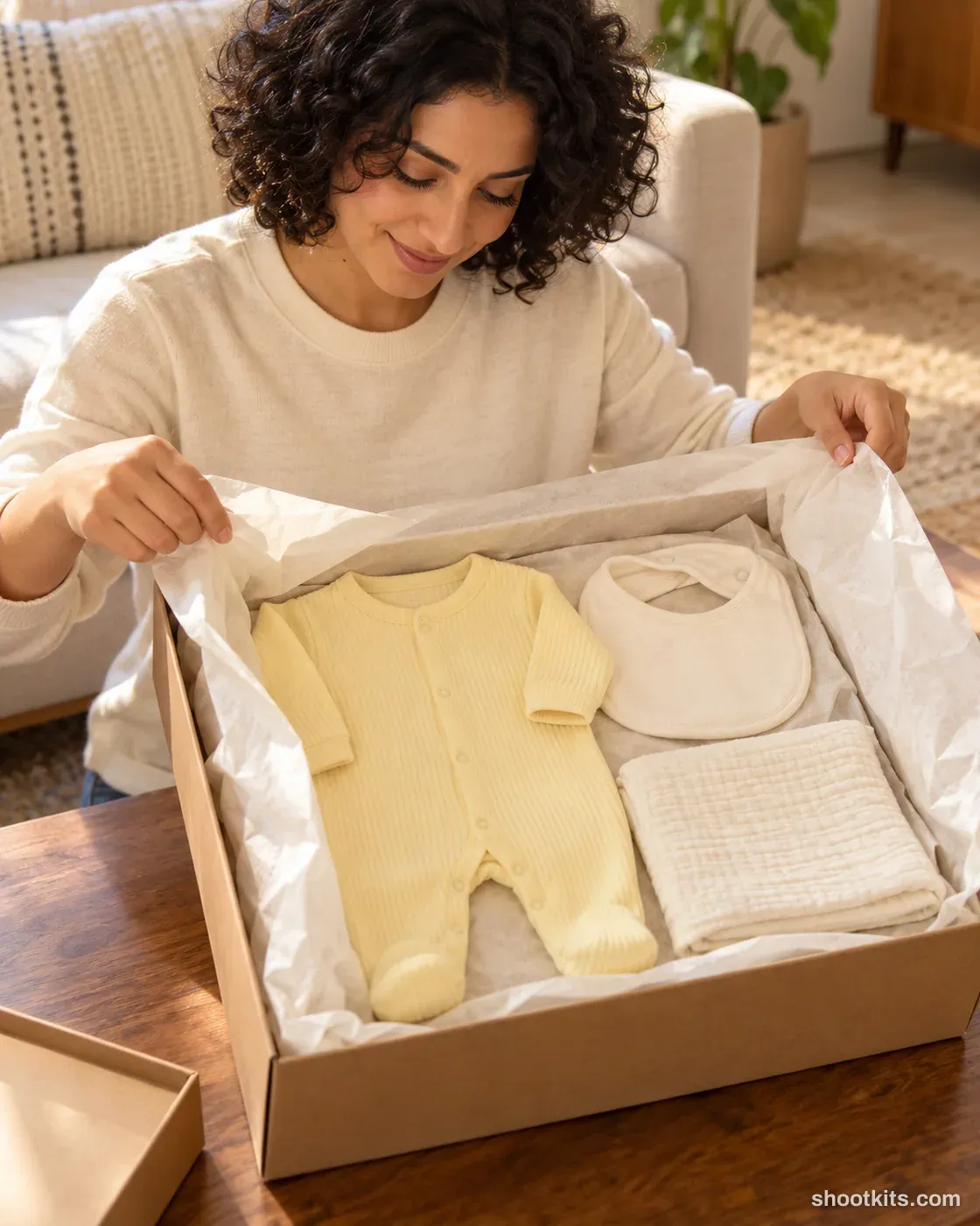Gift unboxing: kids product photo made with ChatGPT. Living room with a wrapped box.