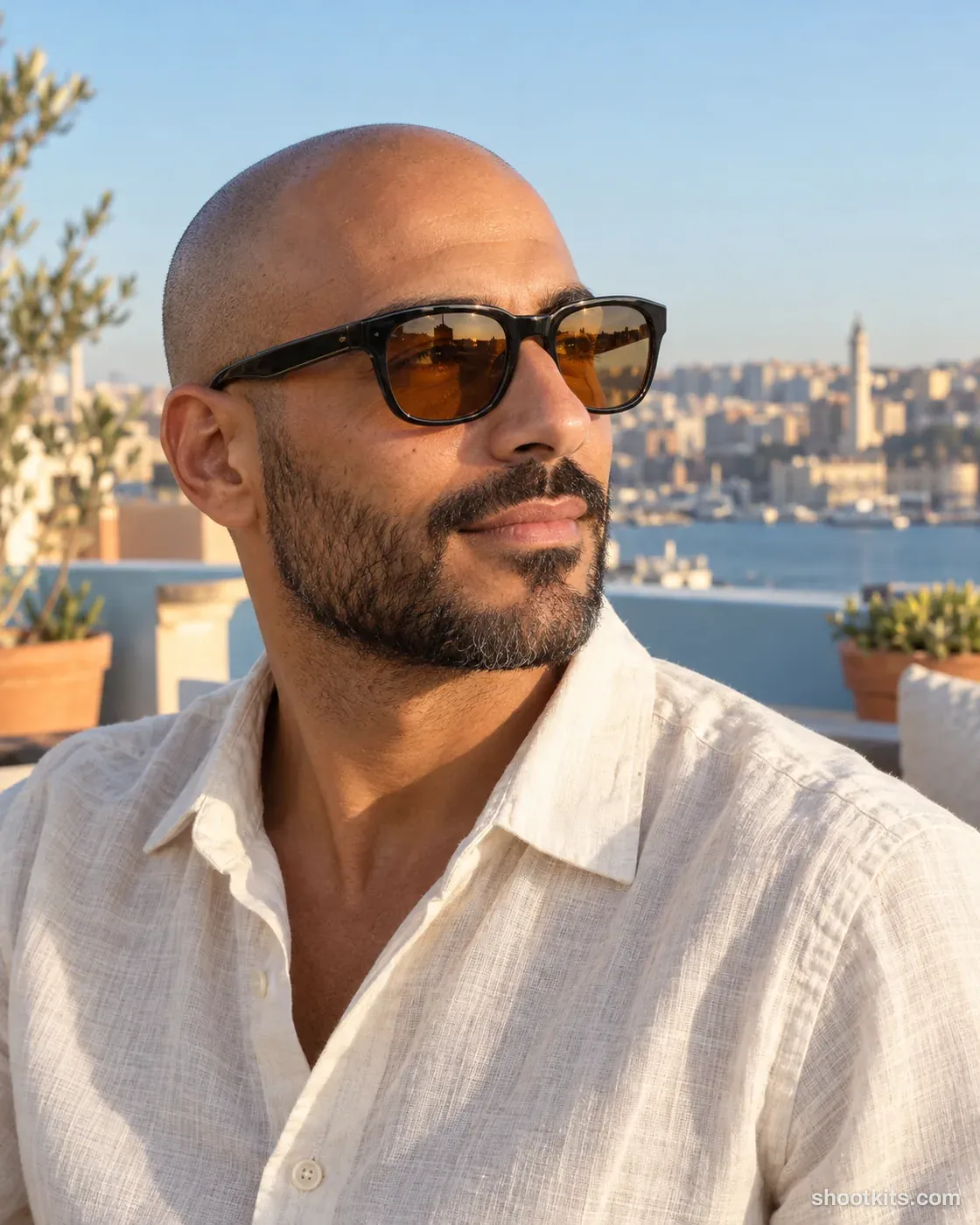Man wearing black sunglasses with amber lenses on a rooftop terrace.