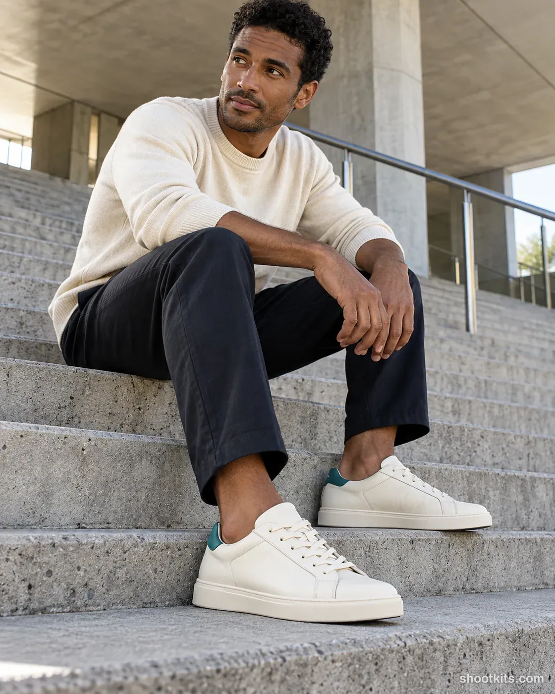 Man seated on concrete steps with cream-and-teal sneakers clearly visible.