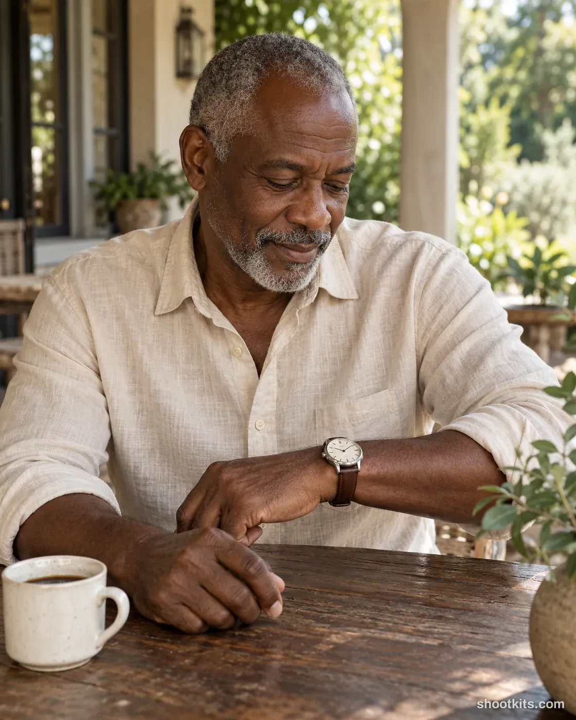 Older man checking a silver watch with a brown leather strap on a shaded verandah.
