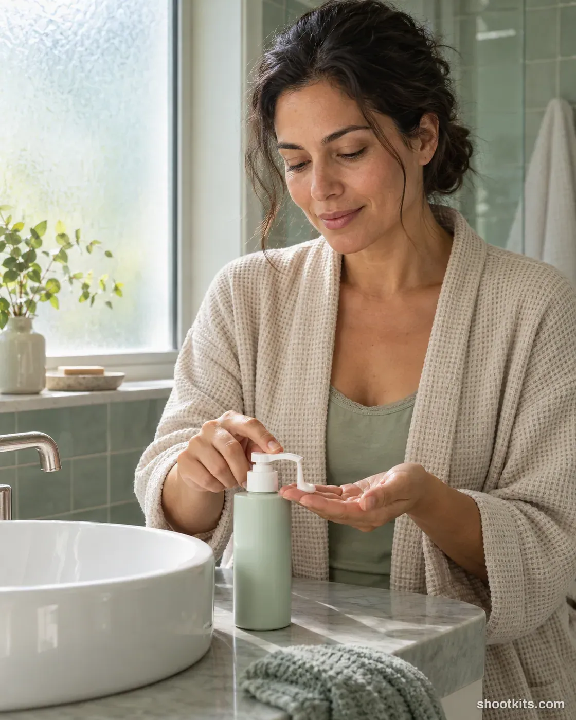 Woman dispensing lotion from a mint pump bottle into her palm at a bathroom basin.