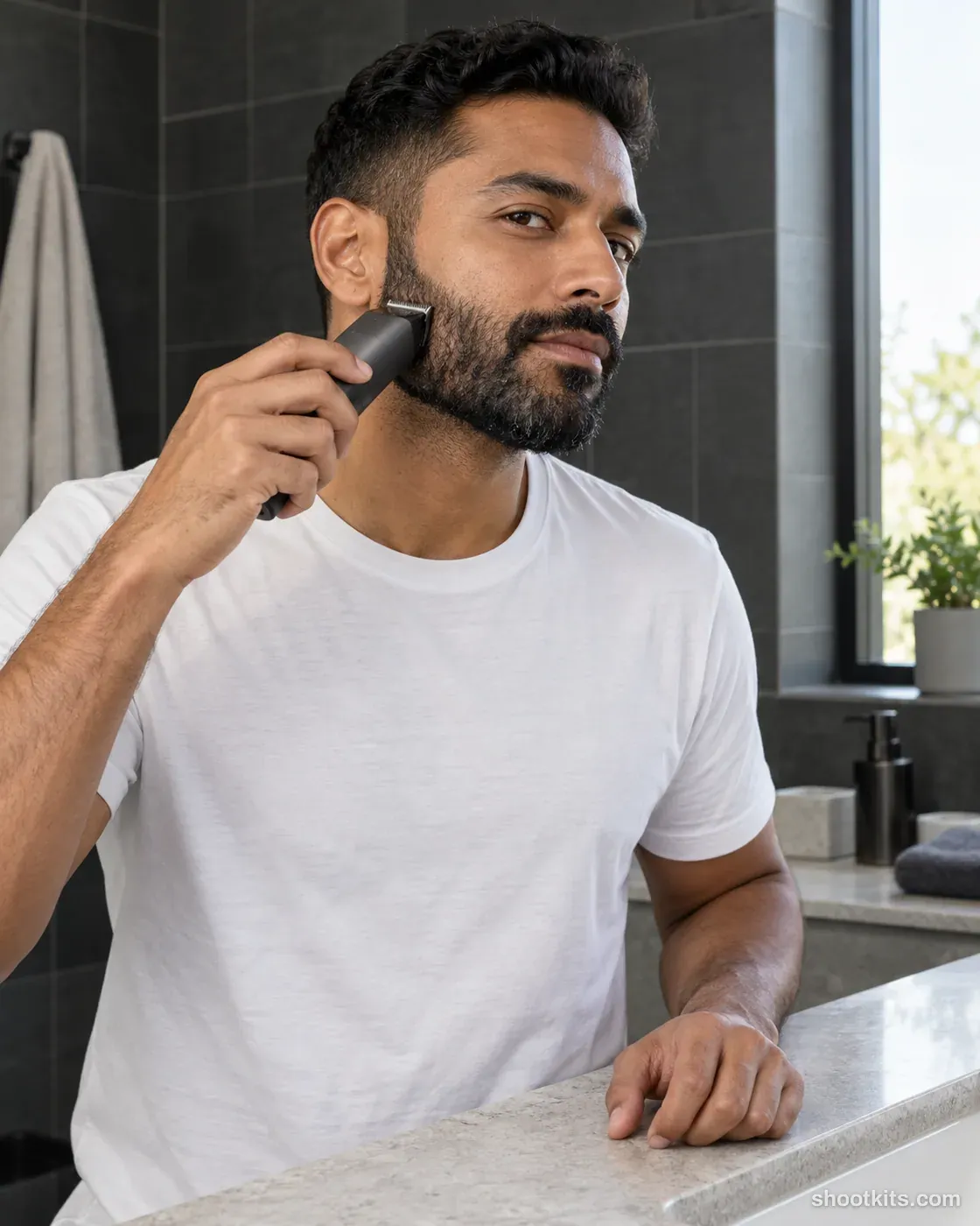 Man trimming his beard with a graphite trimmer in a charcoal-tiled bathroom.