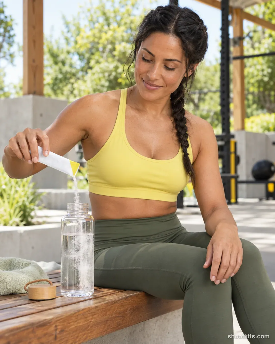 Woman pouring powder from a white-and-yellow sachet into a water bottle on a training-pavilion bench.