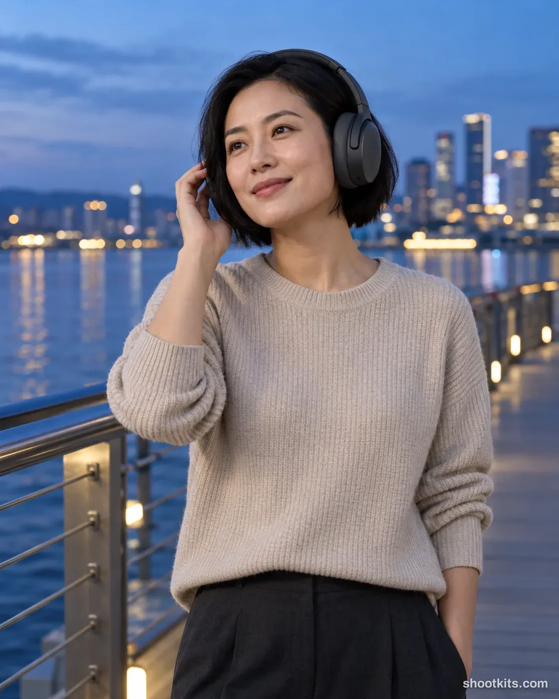 Woman touching charcoal over-ear headphones beside a harbour at blue hour.