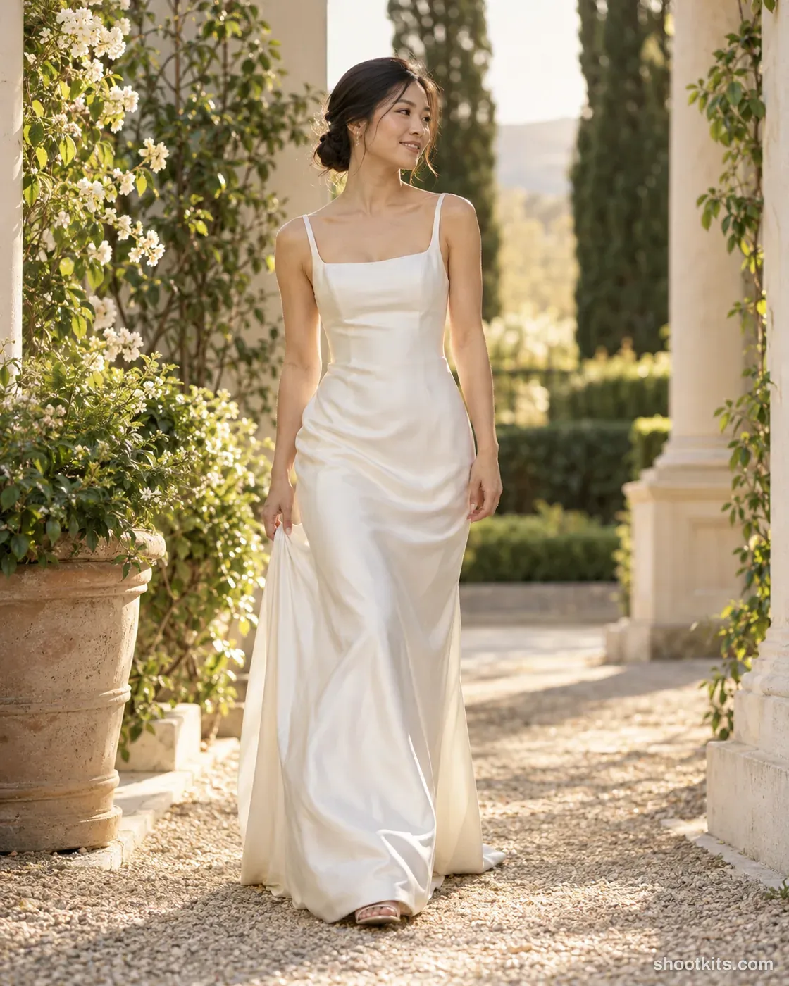 Woman in an ivory satin bridal gown walking through a sunlit garden entrance.