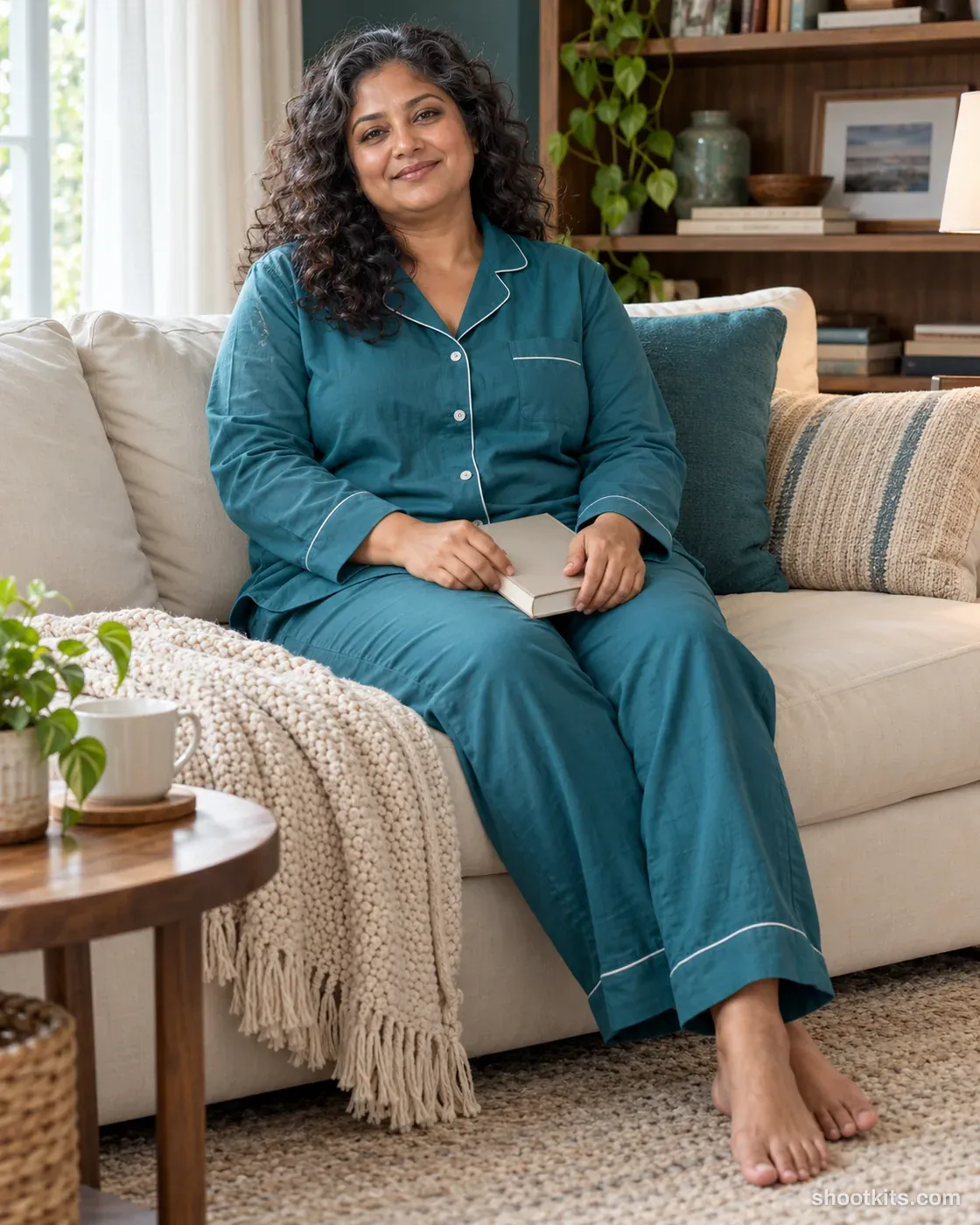 Woman in teal cotton pyjamas seated with a closed book on a cream sofa.