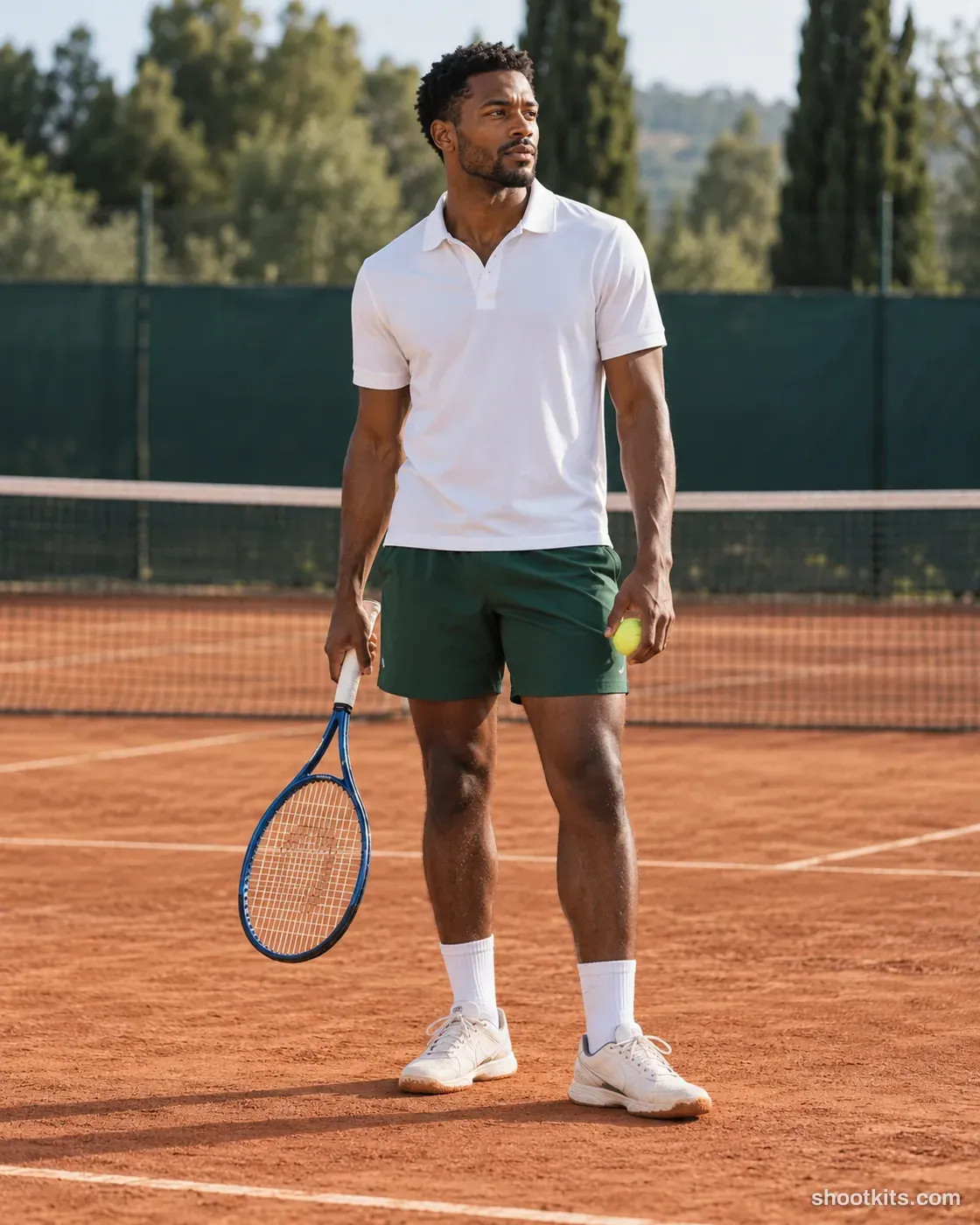 Tennis player holding a cobalt racket and yellow ball on a clay court.