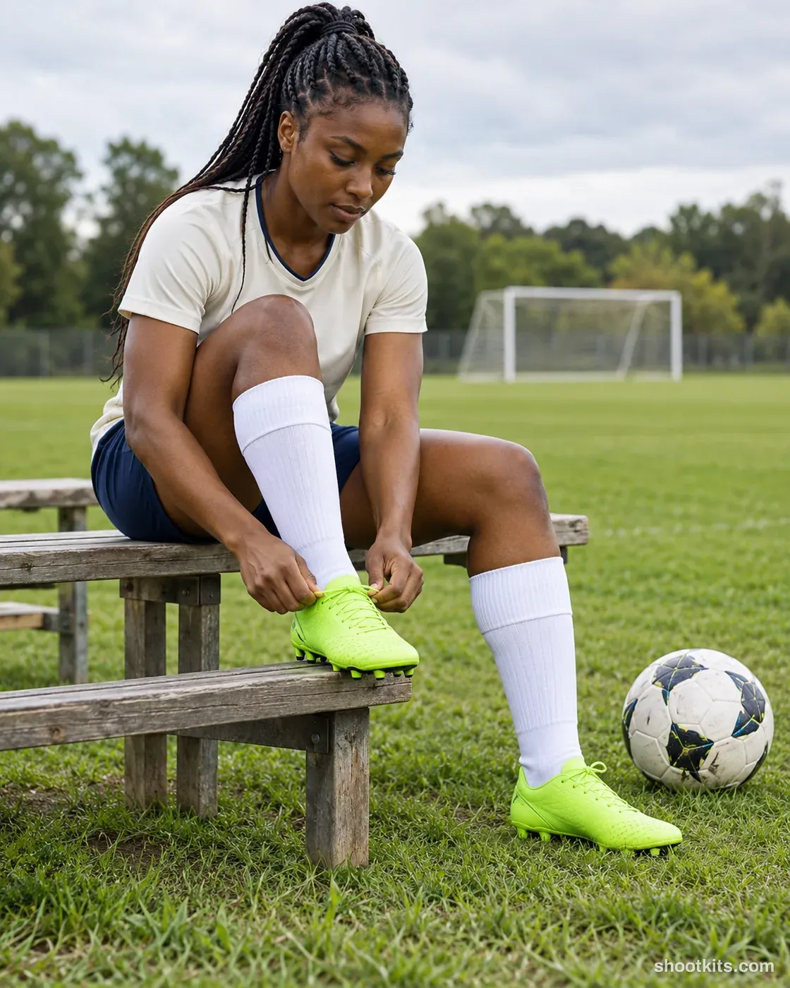 Football player tying lime boots on a sideline bench with a ball nearby.