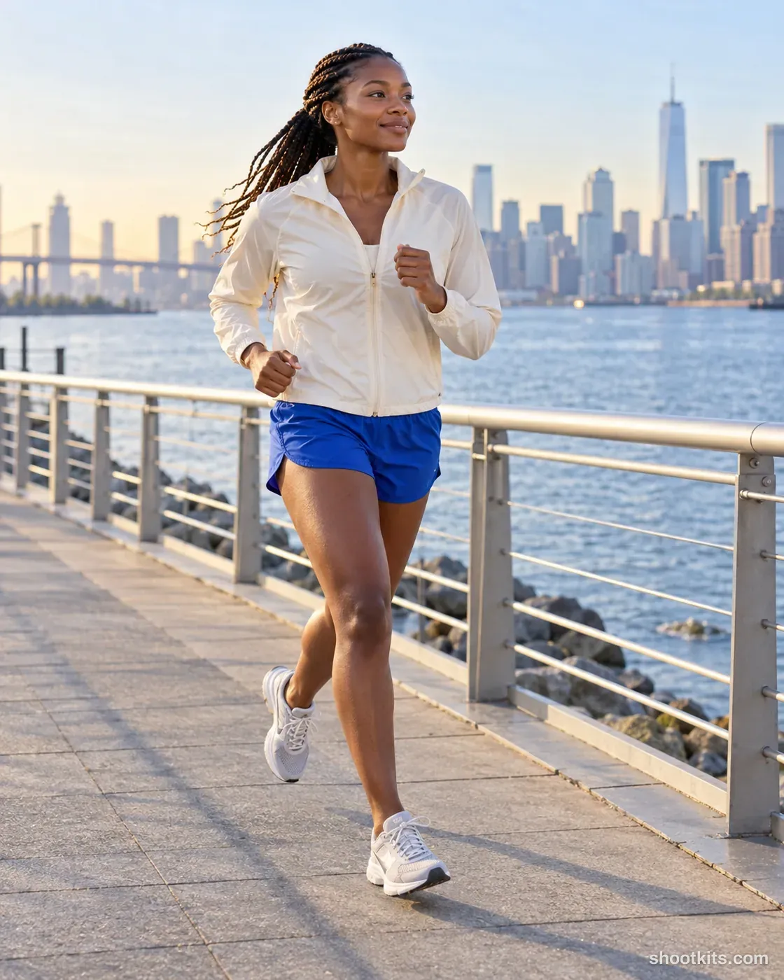 Woman jogging in a cream jacket and cobalt shorts along a riverside path at dawn.