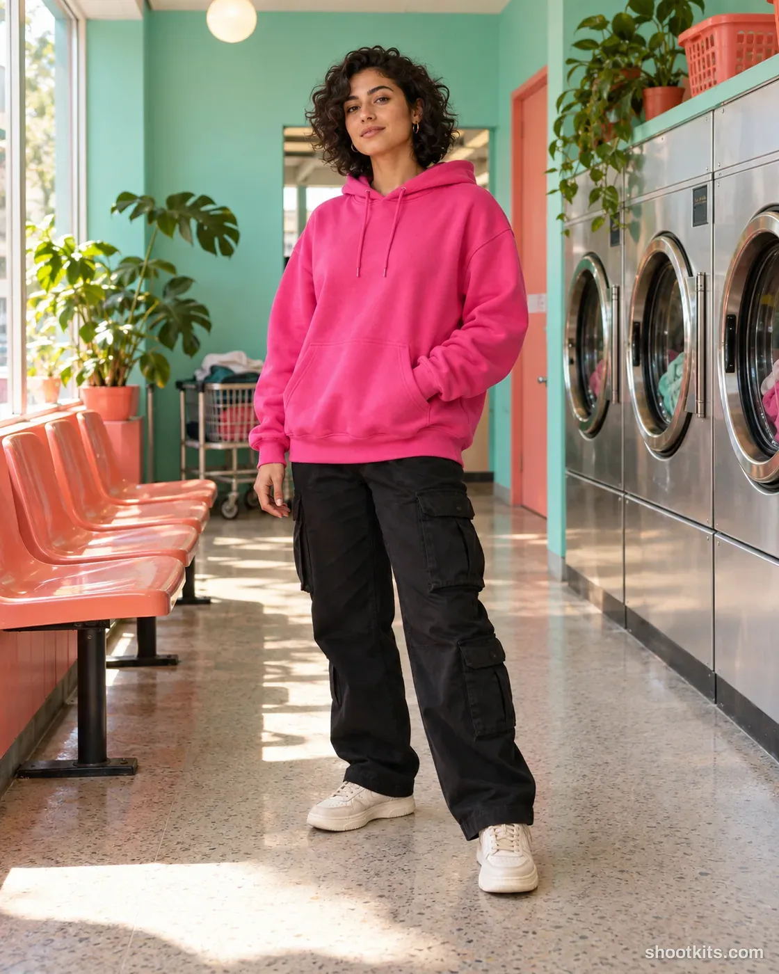 Woman in a pink hoodie and black cargo trousers in a mint-and-coral laundrette.