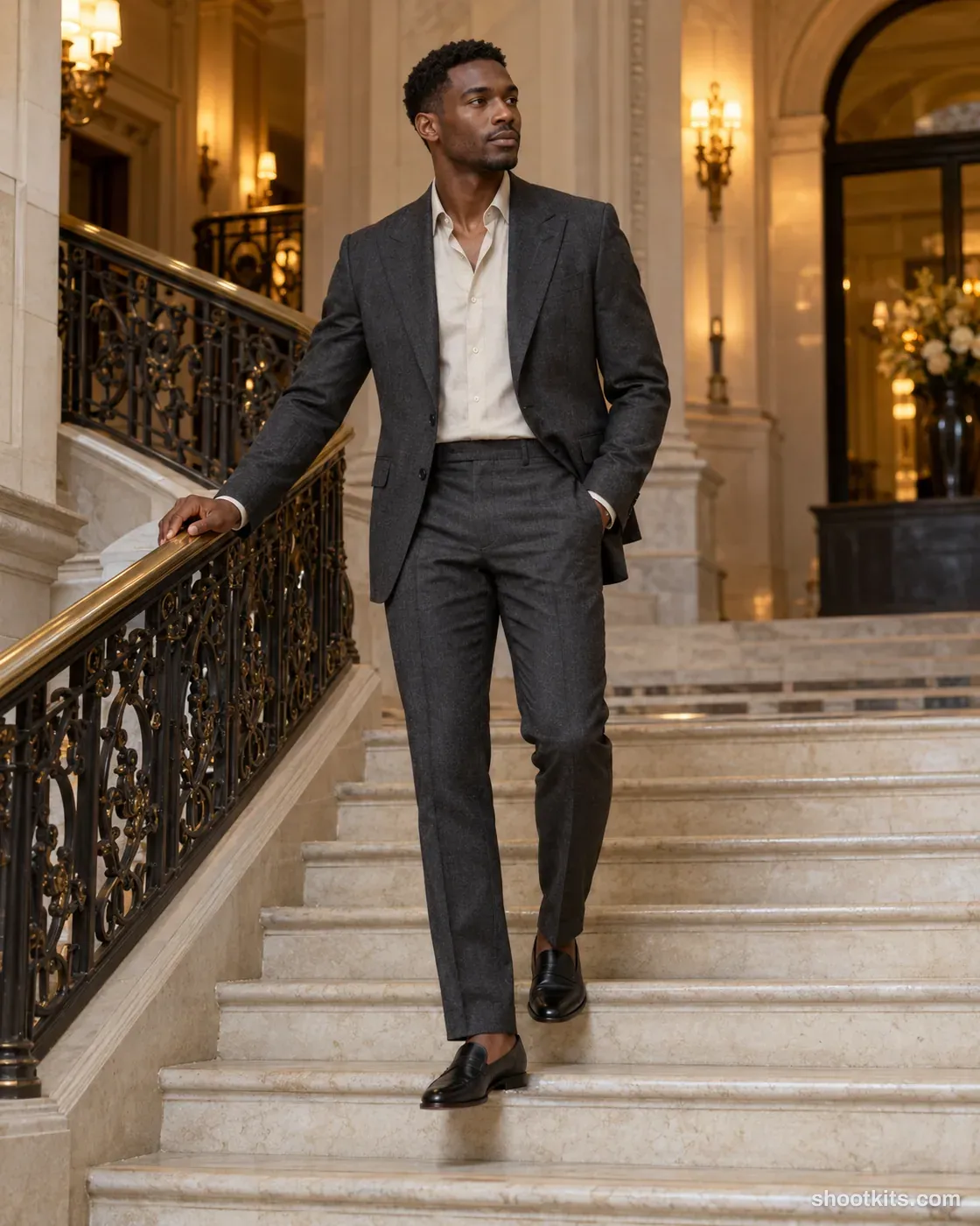 Hotel staircase: luxury fashion photo made with ChatGPT. Elegant stone hotel staircase.
