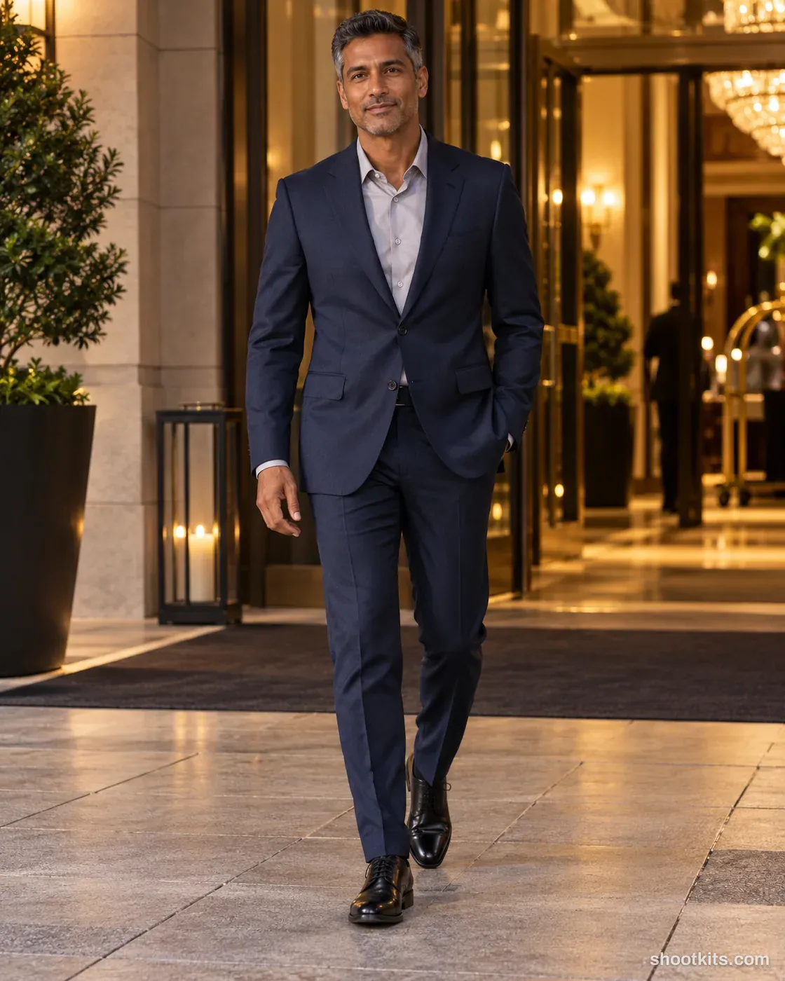 City night arrival: luxury fashion photo made with ChatGPT. Well-lit hotel entrance after sunset.