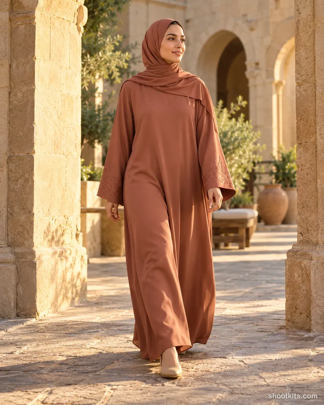 Courtyard arch: modest fashion photo made with ChatGPT. Sunlit courtyard with sand-stone arches.