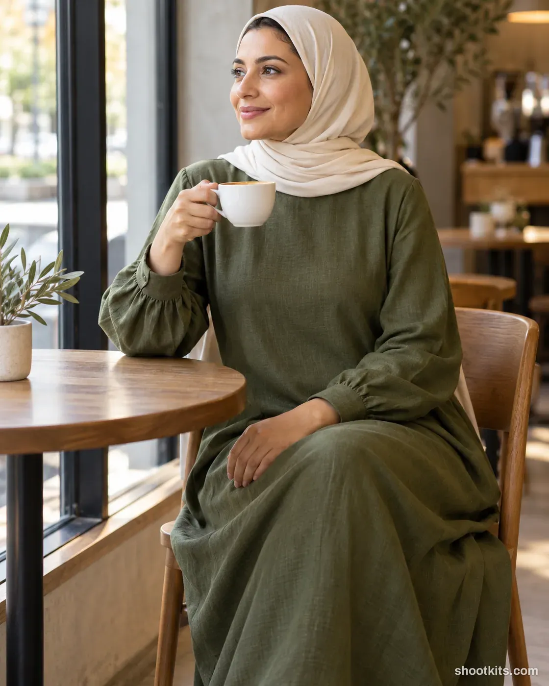 Café window: modest fashion photo made with ChatGPT. Quiet specialty café by a large window.