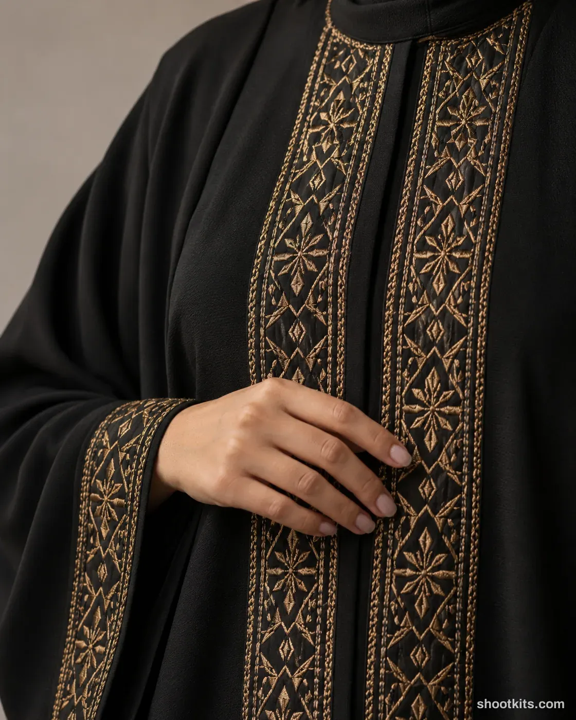 Embroidery close-up: modest fashion photo made with ChatGPT. Neutral studio.
