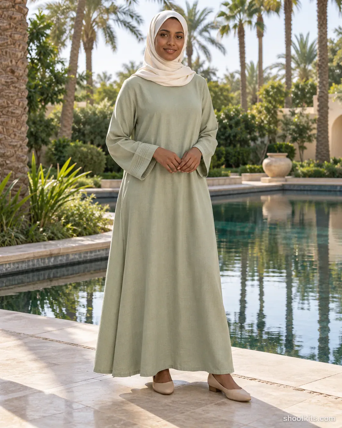 Palm garden: modest fashion photo made with ChatGPT. Calm garden with palms and a reflecting pool.