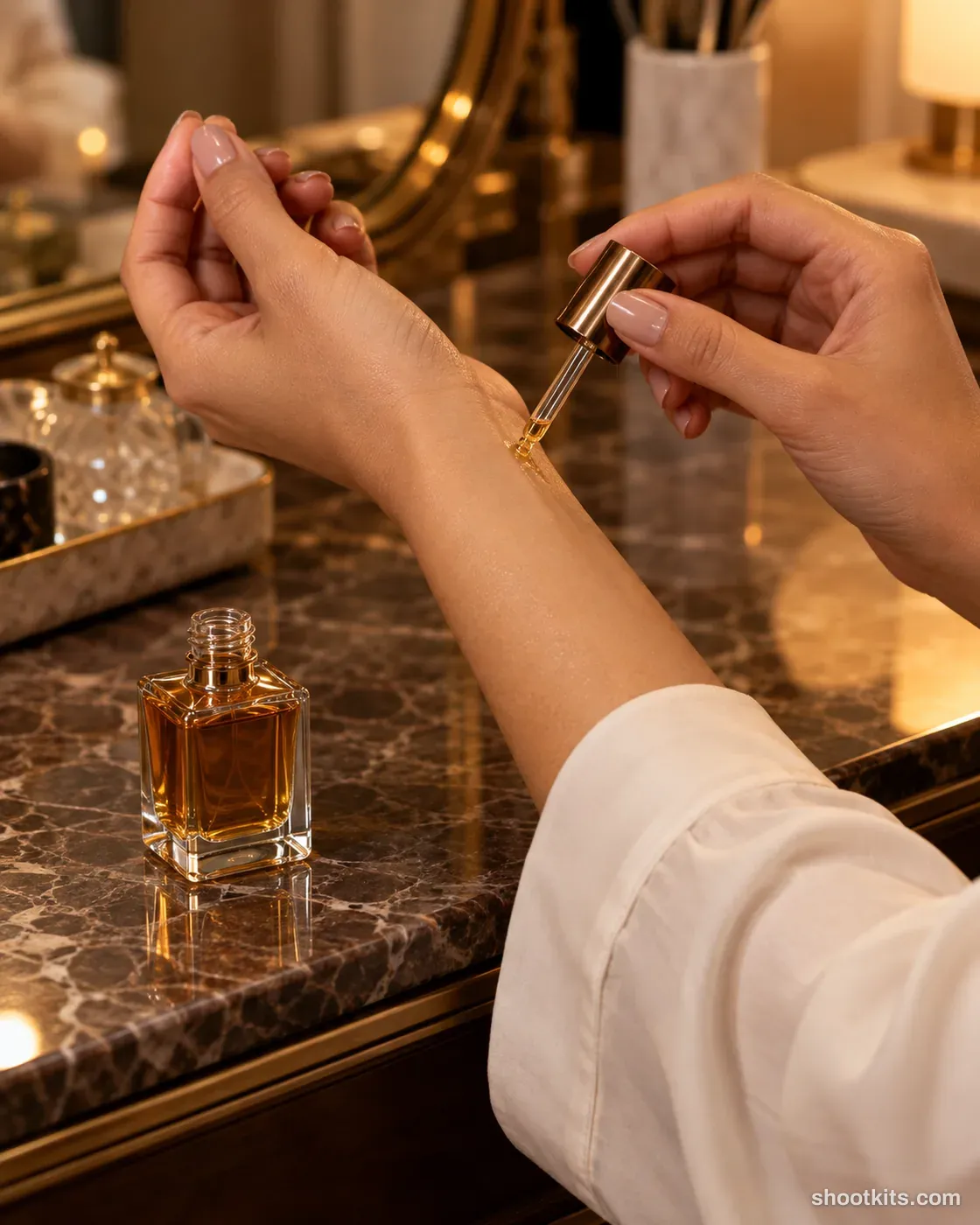 Wrist application: oud fragrance photo made with ChatGPT. Elegant dressing room with warm light.