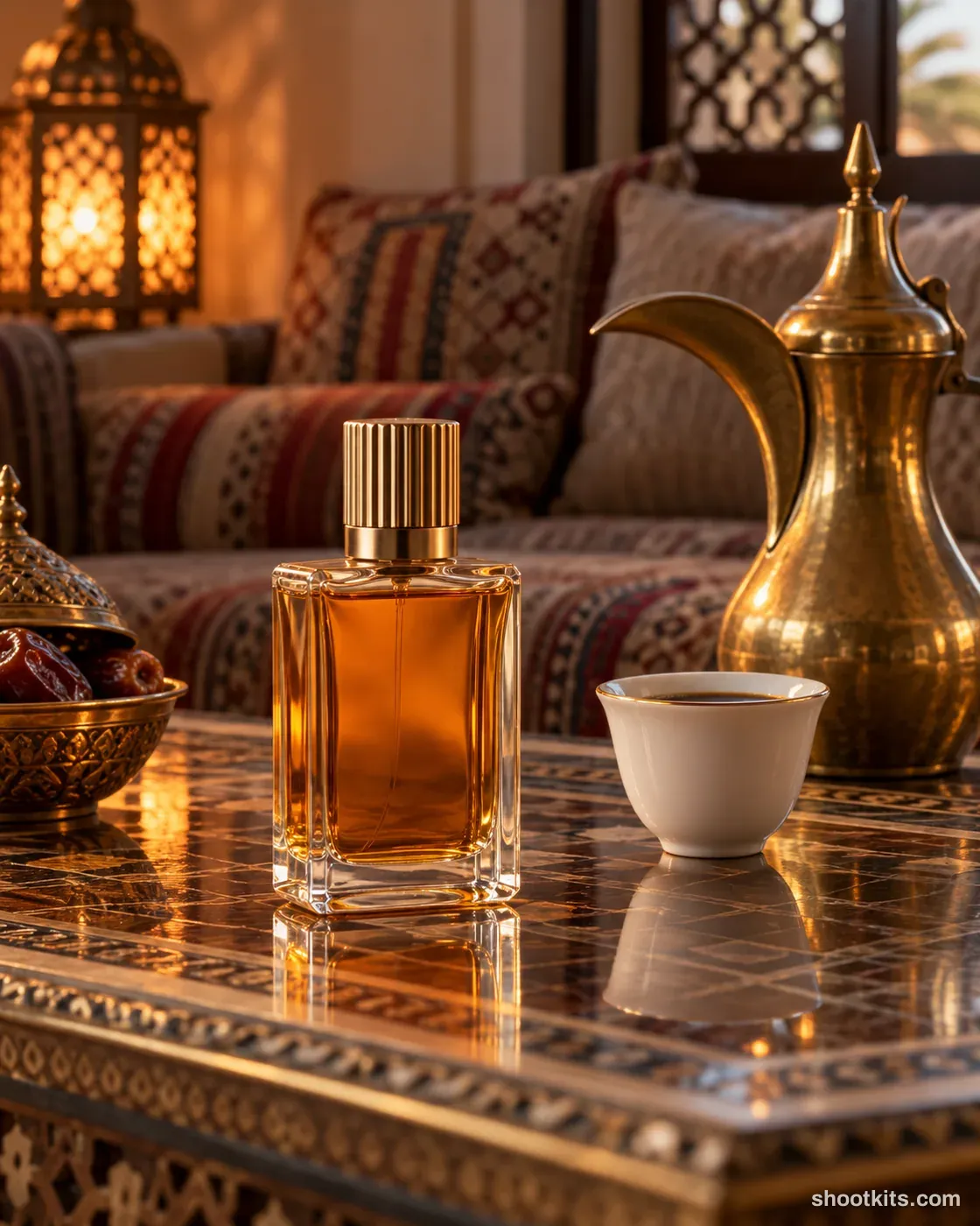 Majlis table: oud fragrance photo made with ChatGPT. Majlis with low table and brass dallah.