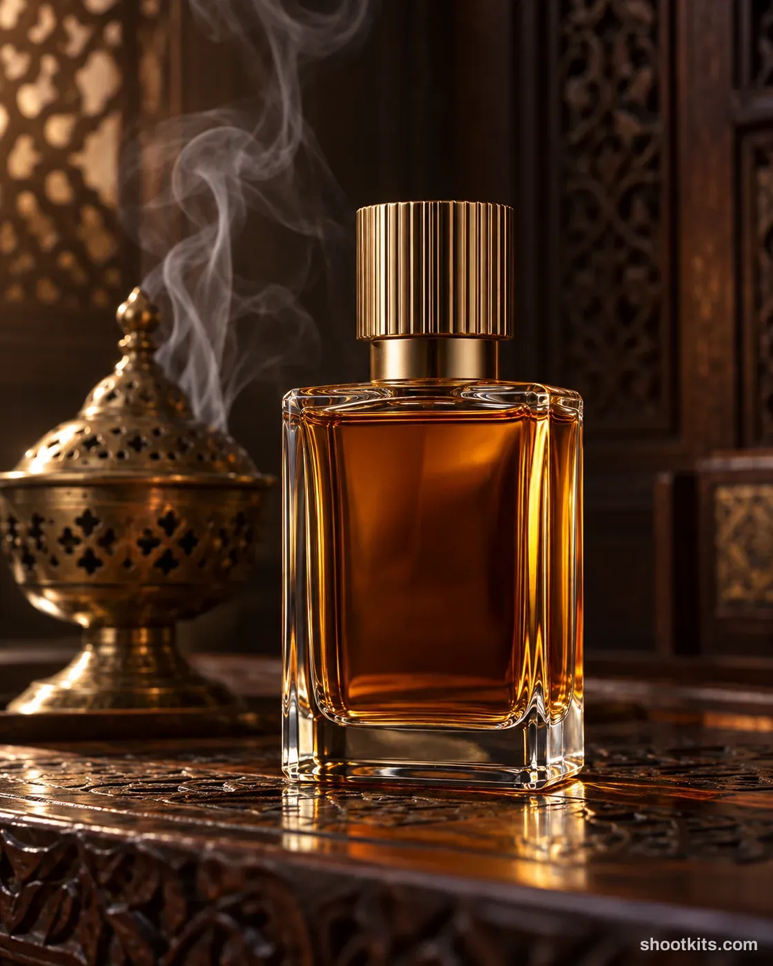 Mabkhara smoke: oud fragrance photo made with ChatGPT. Dark carved wood interior.