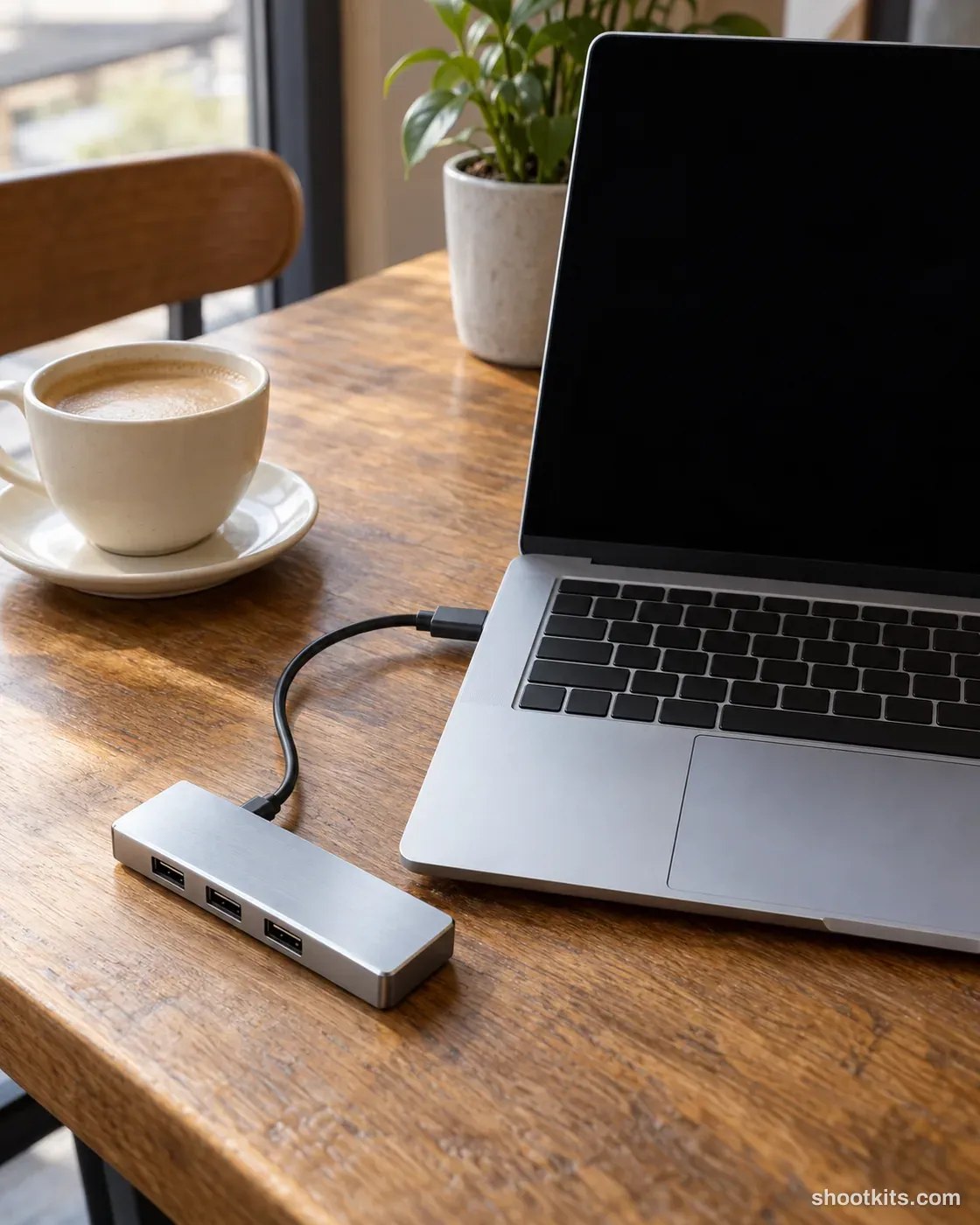 Work-from-café: tech accessory photo made with ChatGPT. Café with a laptop open.